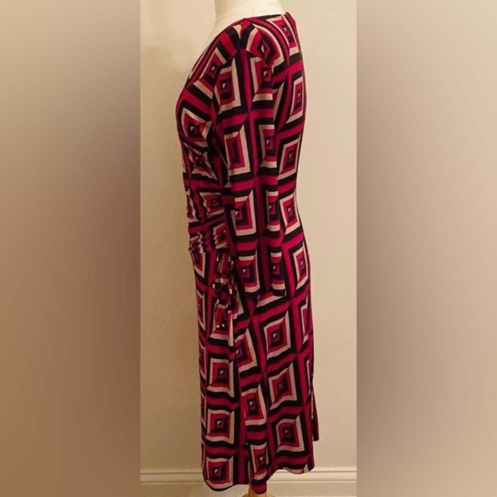 9 & Co Maroon Tan Geometric 10 Faux Wrap Retro Modern Career Chic Indie Dress - Picture 6 of 10